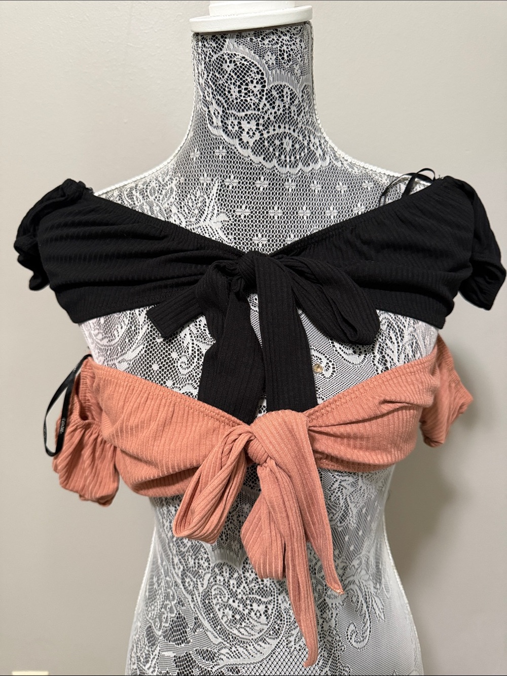 Forever 21 Off-Shoulder Tie-Front Crop Tops in Black & Dusty Rose